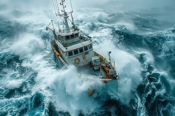 Calm amidst chaos, a fishing vessel maintains course in an ocean storm with huge waves