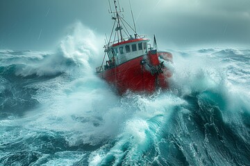 A red and white fishing boat valiantly contends with splashing ocean waves during a violent storm