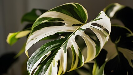 A green and white variegated leaf. From a tropical plant, such as a Ficus or Monstera