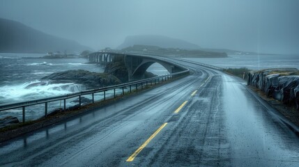 Atlantic Road is hailed as the most stunning route globally featuring a picturesque bridge that spans over the ocean A downpour cascades over the renowned bridge set against the icy sea of 