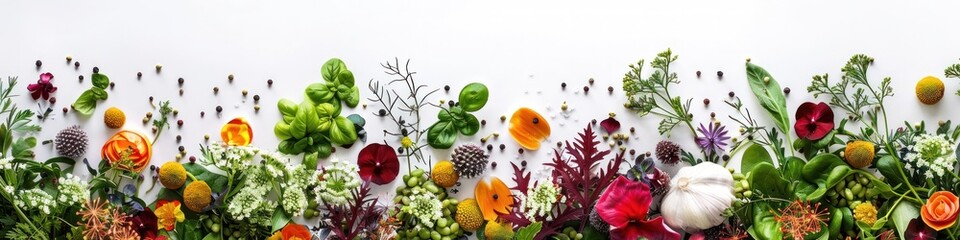 Gourmet Botanical Arrangement of Organic Textures and Forms on a White Background
