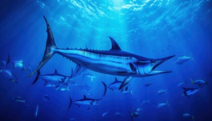 Fototapeta premium Giant Marlin fish in the ocean, beautiful view of marlin fish in the blue ocean