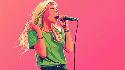Blonde girl in green t-shirt singing with microphone on pink background illustration