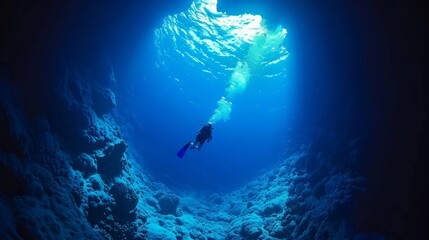 A scuba diver is swimming through a blue cave, AI