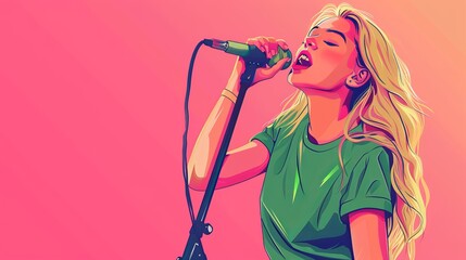 Blonde girl in green t-shirt singing with microphone on pink background, music performance concept