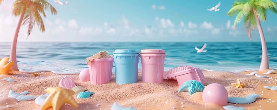 Beach cleanup campaign flat design front view environmental effort theme 3D render Tetradic color scheme