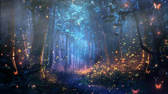 Very beautiful forest view at night full of butterflies. seamless looping time-lapse virtual 4K video Animation Background.