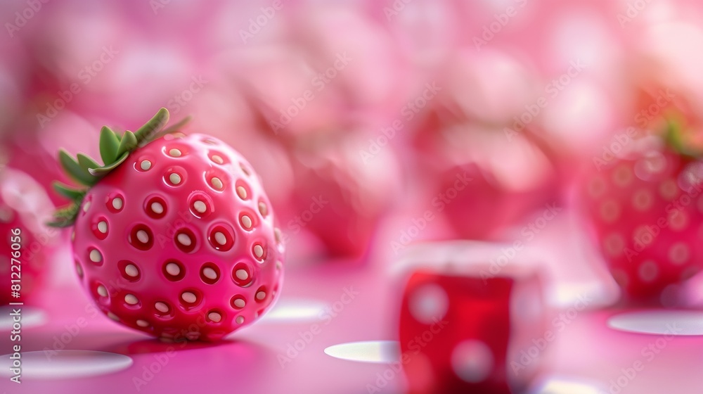 Poster a close up of a strawberry with dots on it and dice, ai
