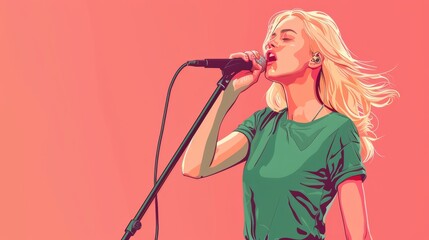 Blonde girl in green t-shirt singing with a microphone on a vibrant pink background