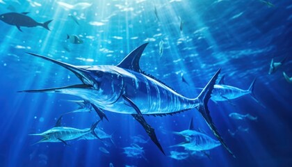 Obraz premium Giant Marlin fish in the ocean, beautiful view of marlin fish in the blue ocean