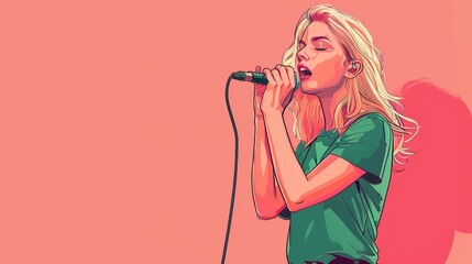 Blonde girl in green t-shirt singing with microphone on pink background illustration