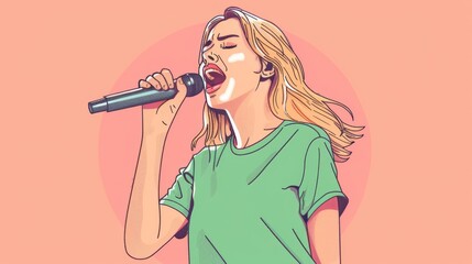Blonde girl in green t-shirt performing with microphone on pink background in an illustration