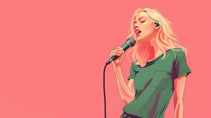 Blonde girl singing with microphone, pink background, female vocalist in green t-shirt
