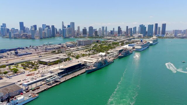 Aerial b roll Downtown Miami including port harbor bay bayside and bridges