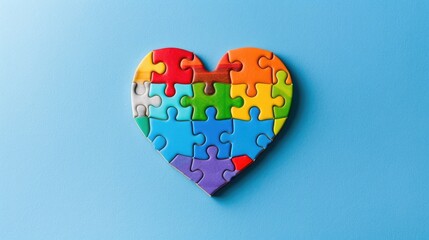 A vibrant puzzle rests on a blue backdrop showcasing a multi colored heart as a poignant emblem for World Autism Awareness Day in a stylish flat lay composition