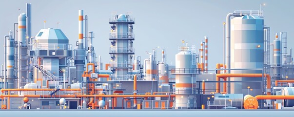 Minimalistic vector design of an industrial chemistry setting, depicting large reactors and distillation columns in a sleek, modern style