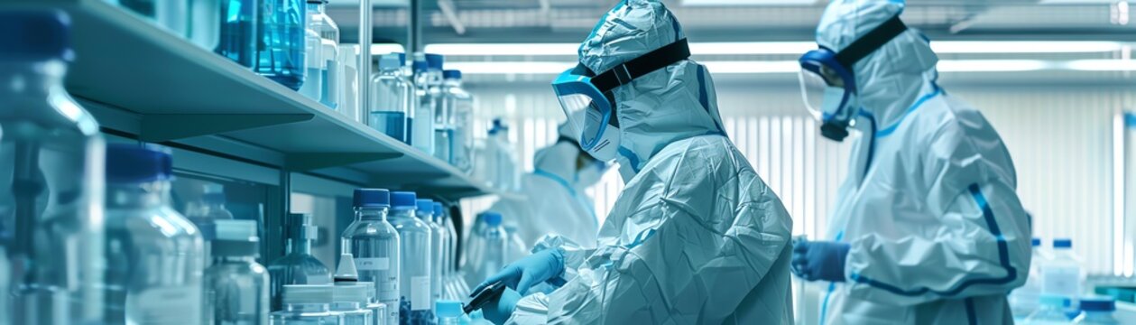 High-detail vector of a toxicology lab scene, illustrating scientists in protective gear examining biohazard materials, safety first theme