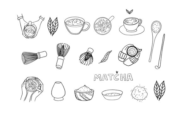 Large set of hand drawn matcha tea theme elements in doodle style. Matcha powder, Matcha Measuring Spoon, bamboo whisk, japanese tea, matcha latte, cup in hands. Cute vector illustration EPS10