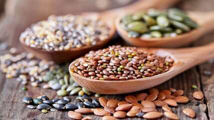 Fototapeta premium A wooden spoons filled with nuts and seeds on a table, AI