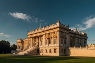 Fototapeta premium An Highly Illustration photo of a palace bathed in golden sunlight against a backdrop of clear blue skies and fluffy white clouds