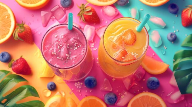 Making beachside smoothies flat design top view refreshing beverages theme cartoon drawing Splitcomplementary color scheme