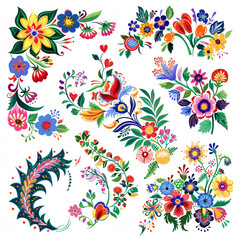 Fototapeta na wymiar A set of floral corner designs in the traditional Polish folk 