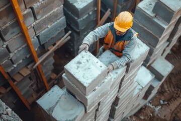 masonry worker make concrete wall by cement block and plaster at construction site