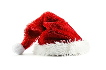 Bright Red Santa Claus Hat with White Pom-pom, Perfect for Christmas and Holiday Celebrations, Isolated on White Background.
