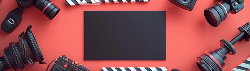 Obraz premium Set up flat design top view experimental cinema techniques theme 3D render Monochromatic Color Scheme