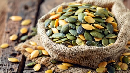 A burlap sack filled with seeds and nuts on a wooden table, AI