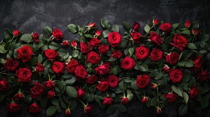 An exquisite arrangement of vibrant red roses set against a dramatic black backdrop captured from above