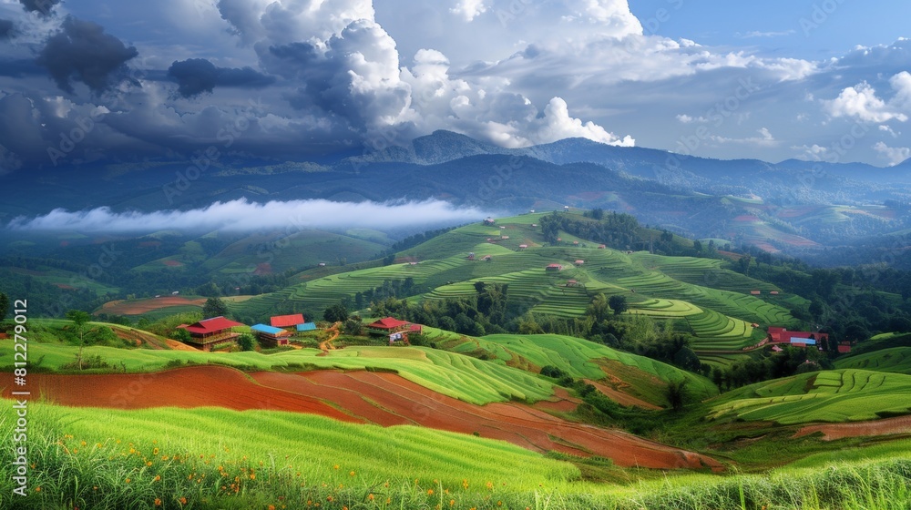 Wall mural A beautiful view of a lush green valley with mountains in the background, AI