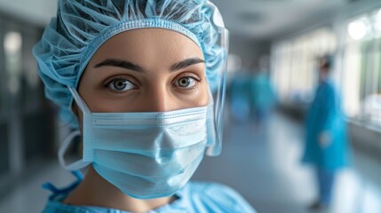 A woman in a surgical mask and scrub cap standing next to other people, AI