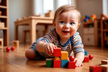 Smiling happy toddler playing with toy blocks at home
