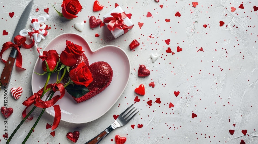 Wall mural A romantic Valentine s Day setting captured in a vertically oriented top down photograph The image features a heart shaped plate adorned with a bouquet of red roses a gift box candies a kni