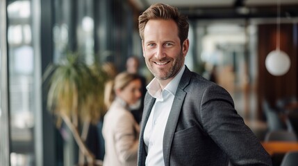 Fototapeta premium an attractive businessman in their mid 30s along with female office worker, working with one another in a large high-end office. generative AI