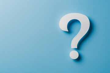 white question mark on a blue background. Place for text