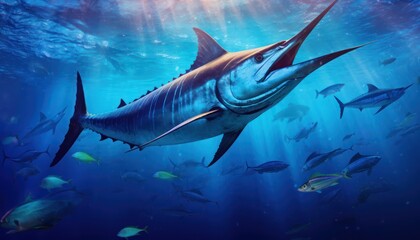 Obraz premium Giant Marlin fish in the ocean, beautiful view of marlin fish in the blue ocean