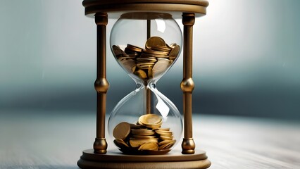 Hourglass with coins inside. business concept of time and money