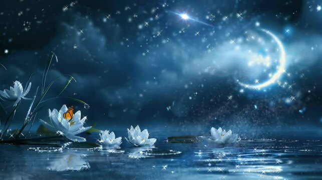 beautiful white lotus flowers growing in the pond with twinkling stars. seamless looping time-lapse virtual 4K video Animation Background.