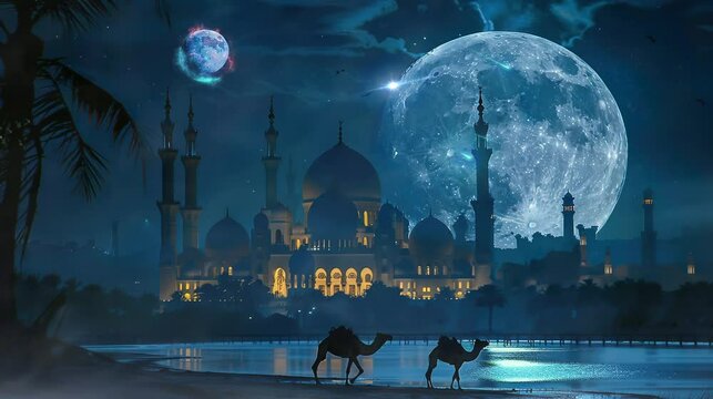 the beauty of the mosque with a very beautiful full moon view in the background. seamless looping time-lapse virtual 4K video Animation Background.