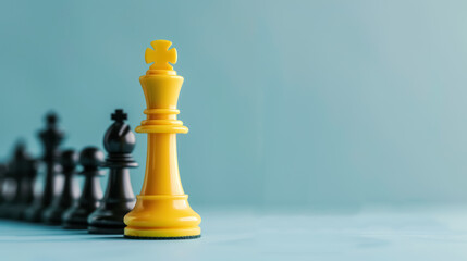 Strategic Chess Game Highlighting Yellow King Chess Piece, in the Leadership Concept, with copy space for text