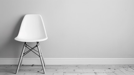 A white chair sitting in front of a wall with no furniture, AI