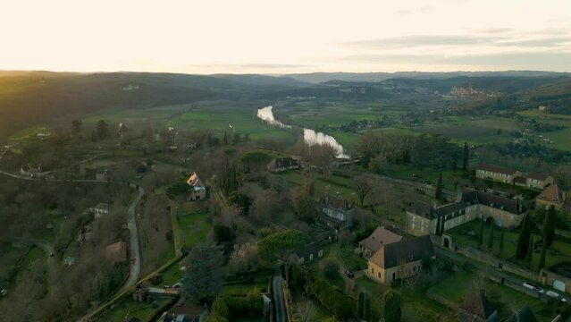 French countryside in Domme France sunset and golden hour drone flyover