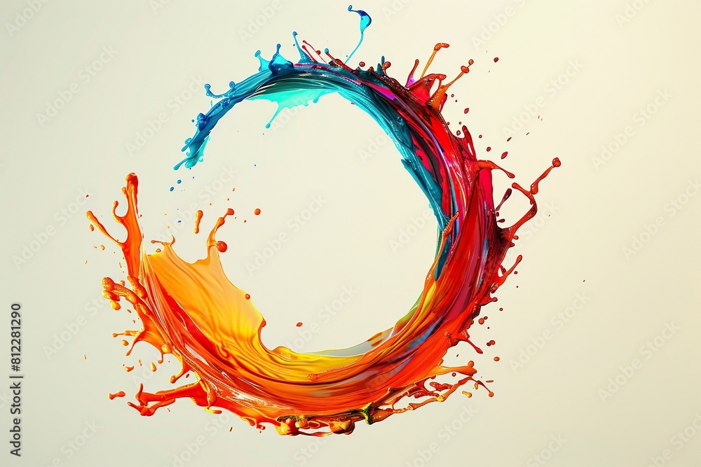 Poster dynamic circular liquid flow explosion. colorful curved wave pattern with splattering paint