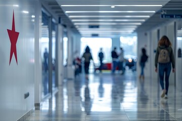 Large corridor with a red star on the wall. Generative AI