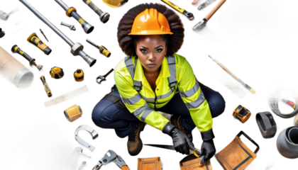 determination showing works american construction woman site serious safety full gear 35 strength generativeworker helmet glove work boot strong determined smiling building female empowerment hard