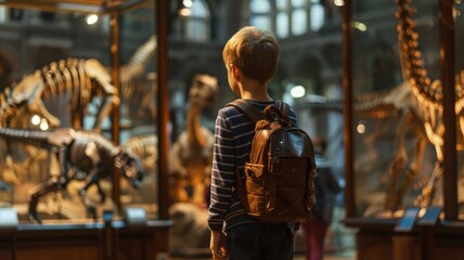 Young boy with backpack observes dinosaur skeletons in museum exhibit