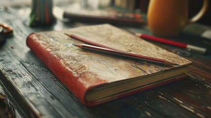 Travel notebook with map cover on wooden table, pencils and mug beside it