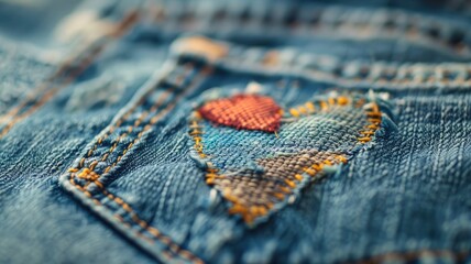 Close-up of denim fabric with heart-shaped patch stitched on